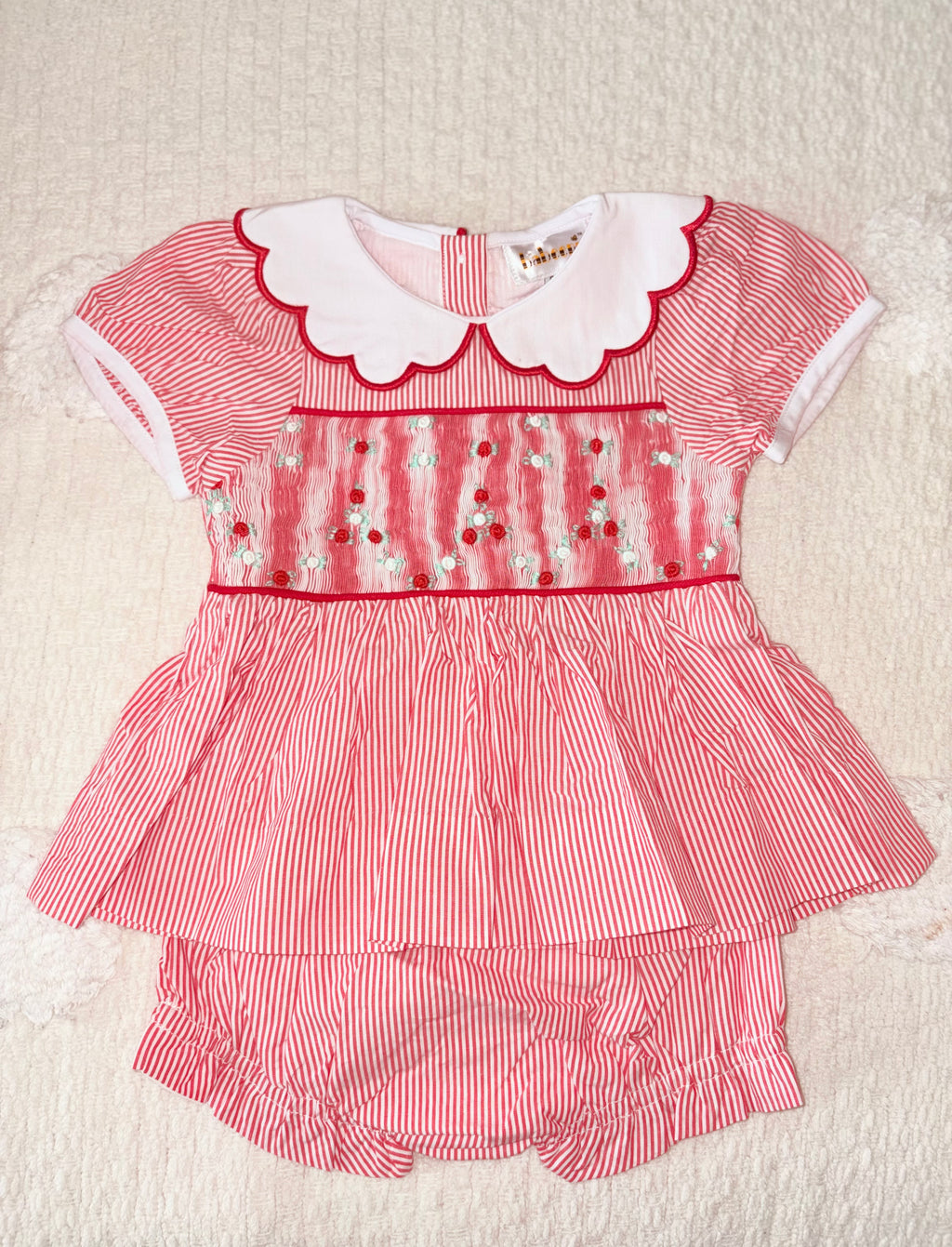 Red Pinstripe Smocked Two Piece Set